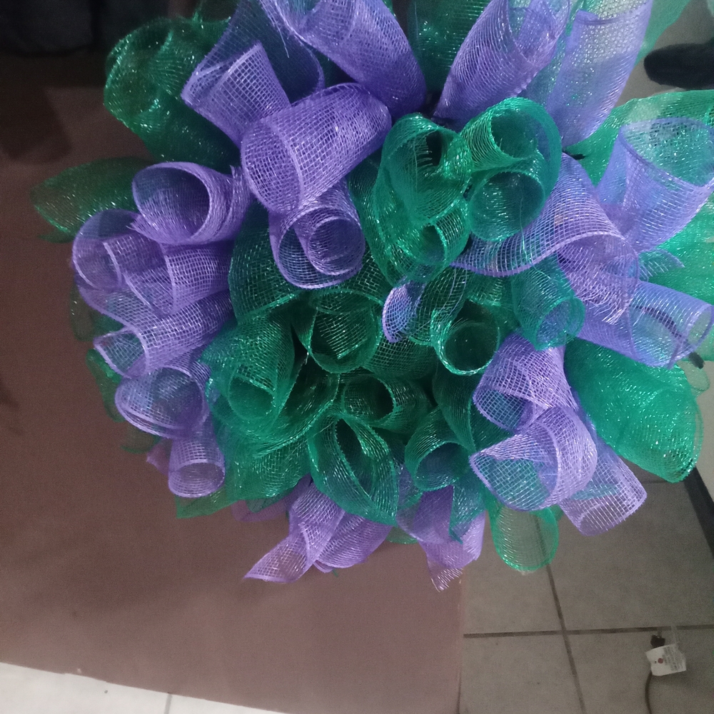 Festive Green and Purple Mesh Holiday Wreath